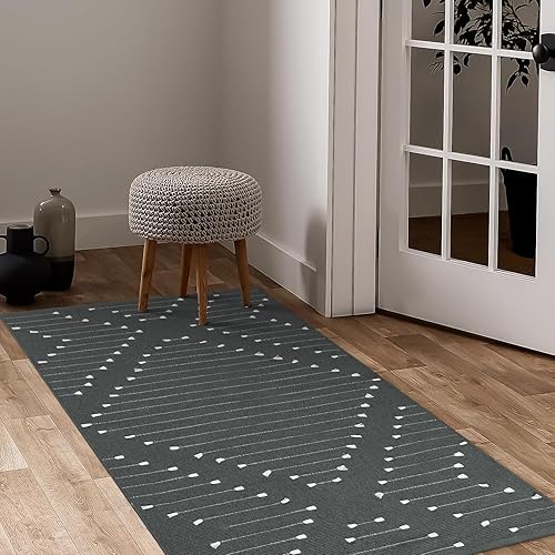 LIVEBOX Alfombra gris de 2.3 x 3.6 pies, alfombra bohemia de algodón lavable, alfombra marroquí para puerta delantera, alfombra tejida a mano para