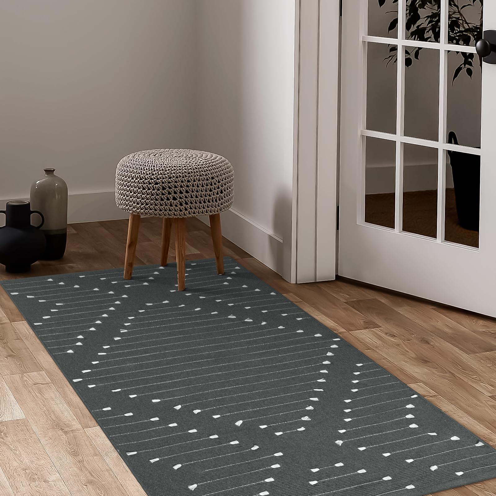 LIVEBOX Grey Outdoor Rug 2.3' x 3.6', Boho Cotton Washable Rug Moroccan Front Door Mat,Hand-Woven Area Rug Throw Carpet for Living Room Entryway Kitchen,Front Door Decor