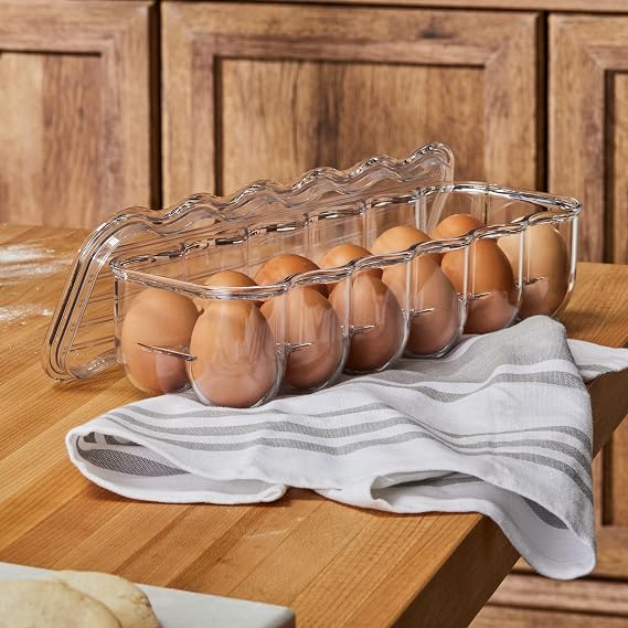 mDesign Stackable Plastic Covered Egg Tray Holder, Storage Container and Organizer for Refrigerator - Dozen-Section Carrier Bin with Lid and Handle - Holds 12 Eggs - Clear