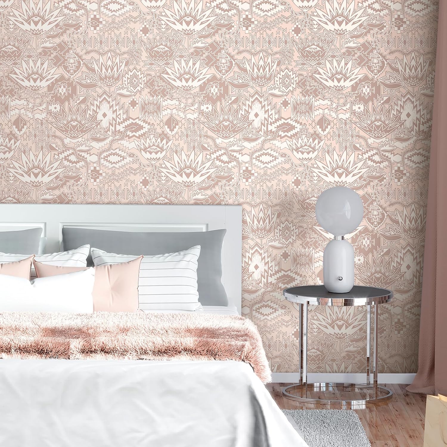 Livelynine 17.5x276 Western Peel and Stick Wallpaper Mural Boho Aztec Vintage Pink Western Wall Paper for Bedroom Bathroom Girls Girl Nursery Renter Friendly Light Pink Pattern Contact Paper Adhesive