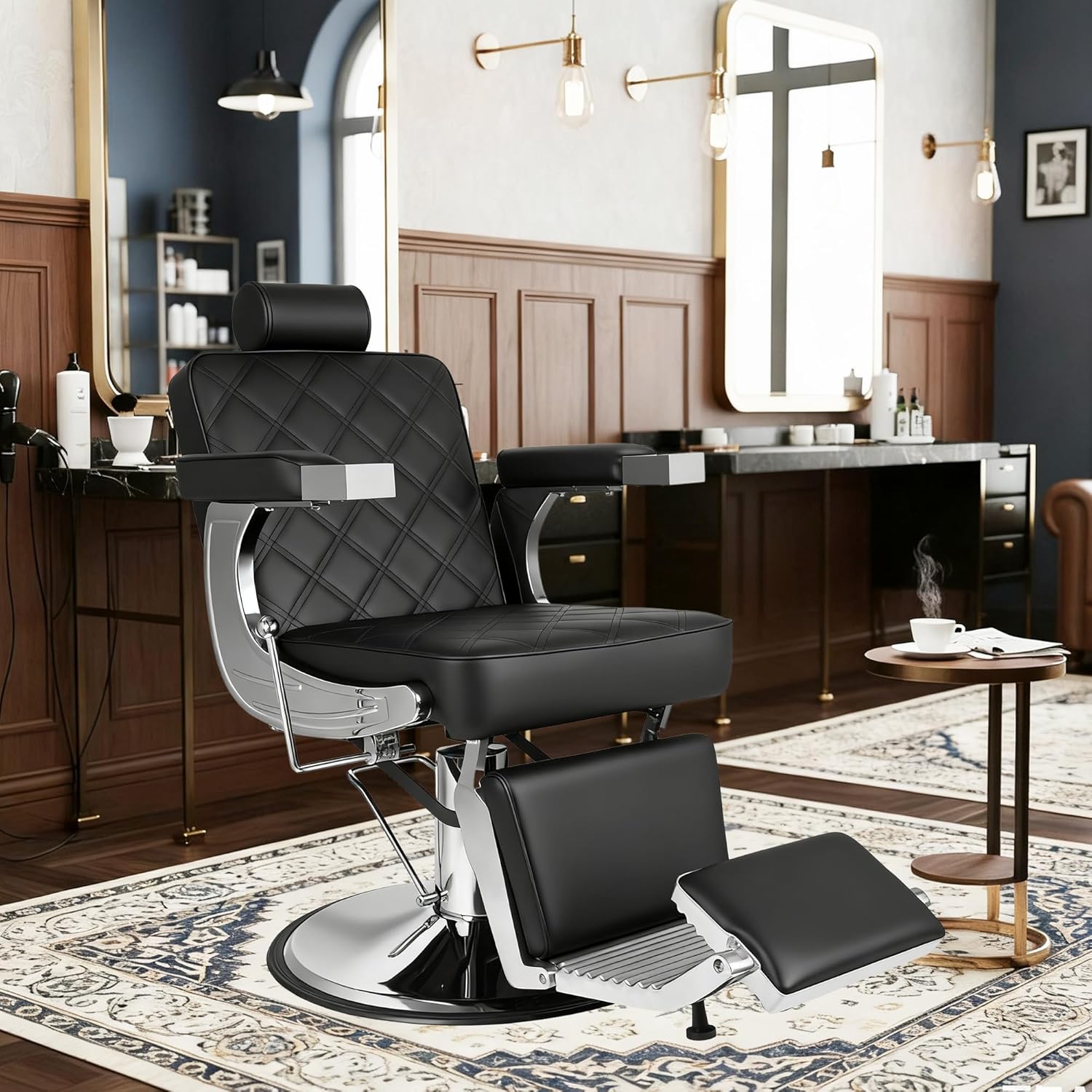 Barber Chair for Barbershop, Heavy Duty Hydraulic Reclining Barber Salon Chair for Hair Stylist with Diamond Stitch PU Leather, 360° Swivel All Purpose Barber Chair, Vintage Black with Silver Frame