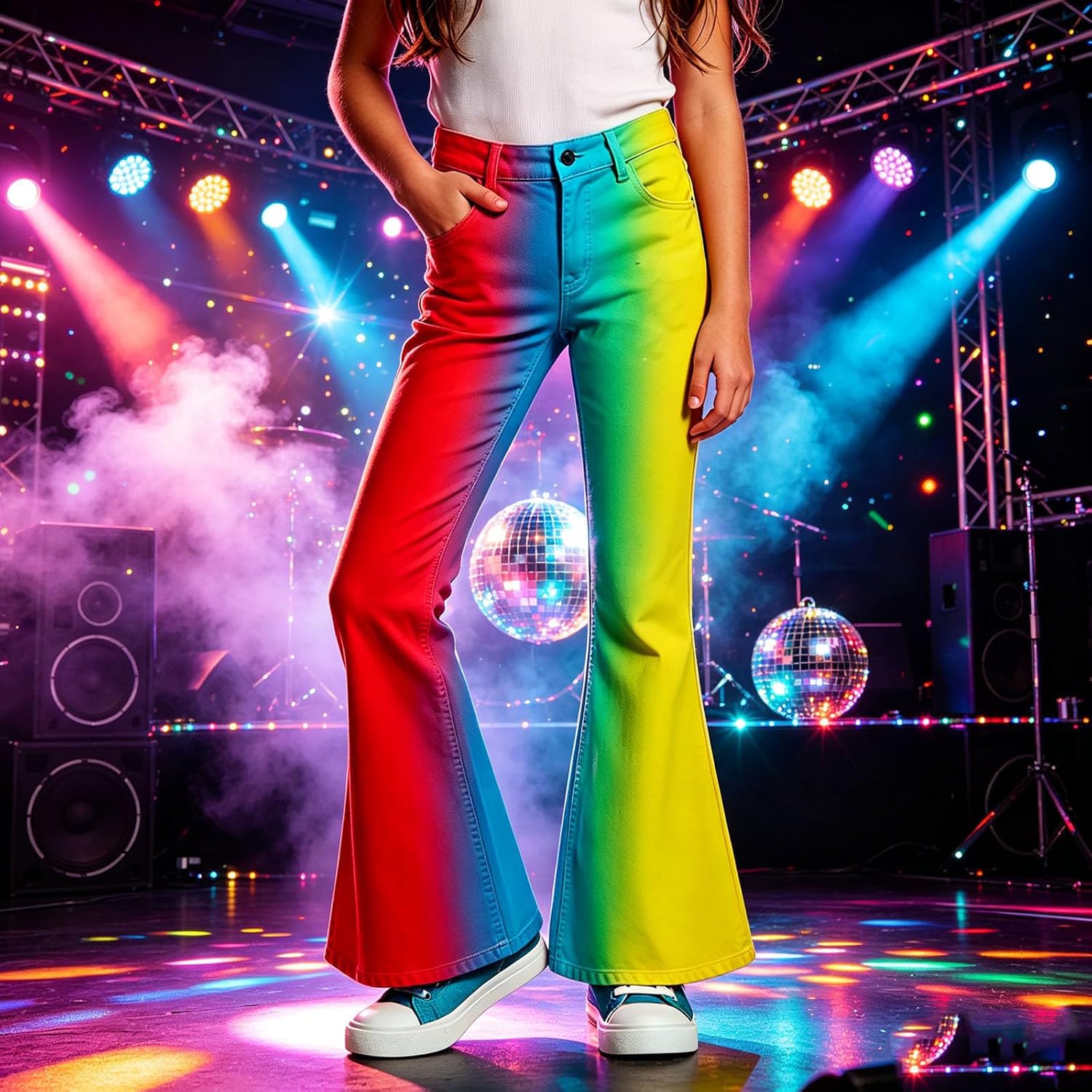 Girls Gradient Flared Pants Slim Flare Leg Bell Bottom Pants Stretchy Dance Pant 70s Disco Outfit Casual Flare Trousers 5-16Y