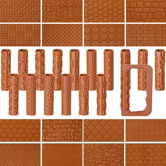 Leriton 17 Pcs Clay Texture Roller Set with Handle, 8-Pattern 3D-Printed Miniature Texture Rollers for Clay, Miniatures, Tabletop, Pottery (Terrain)