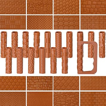 Leriton 17 Pcs Clay Texture Roller Set with Handle, 8-Pattern 3D-Printed Miniature Texture Rollers for Clay, Miniatures, Tabletop, Pottery Terrain