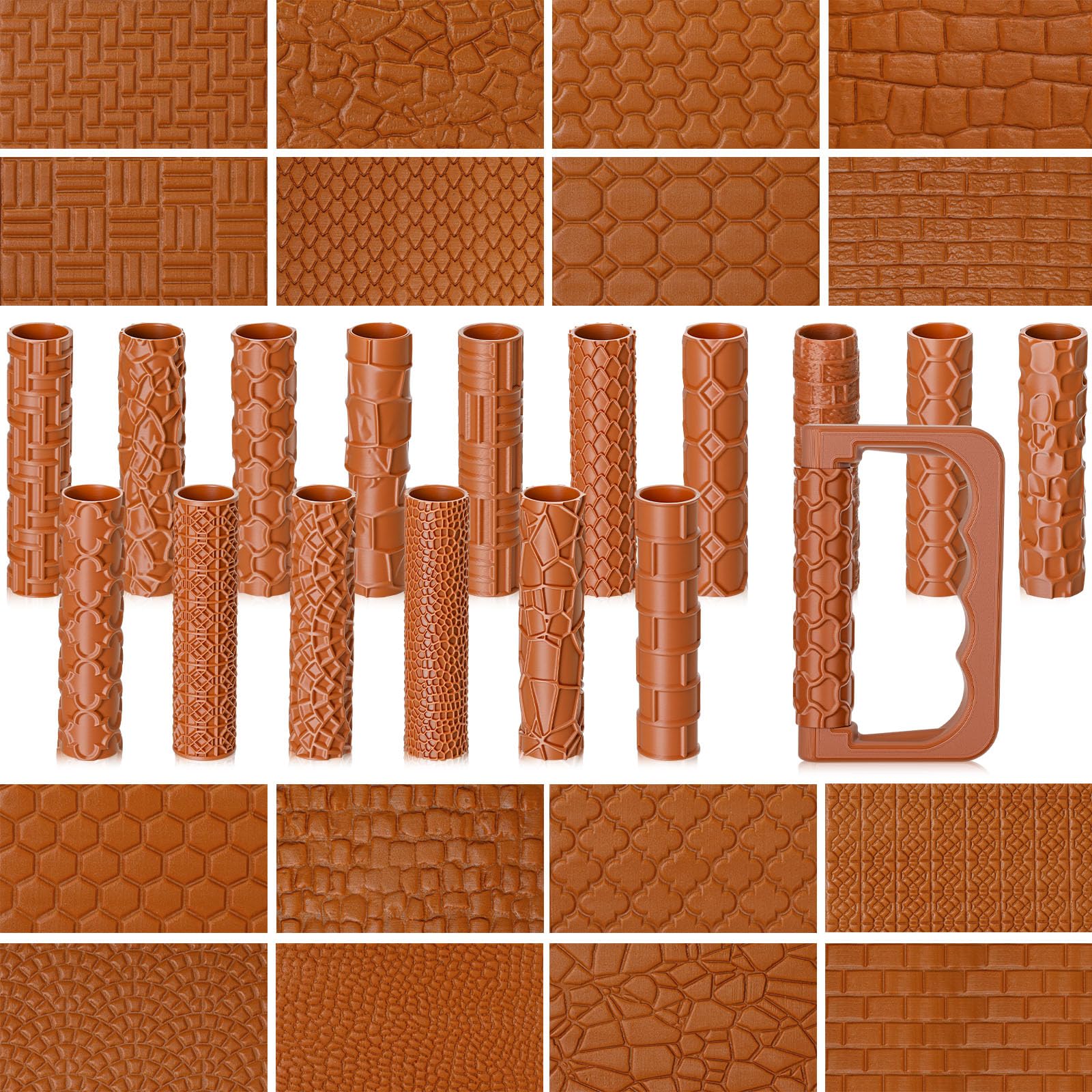 Leriton 17 Pcs Clay Texture Roller Set with Handle, 8-Pattern 3D-Printed Miniature Terrain Texture Rollers for Clay, Miniatures, Tabletop, Pottery (Terrain)