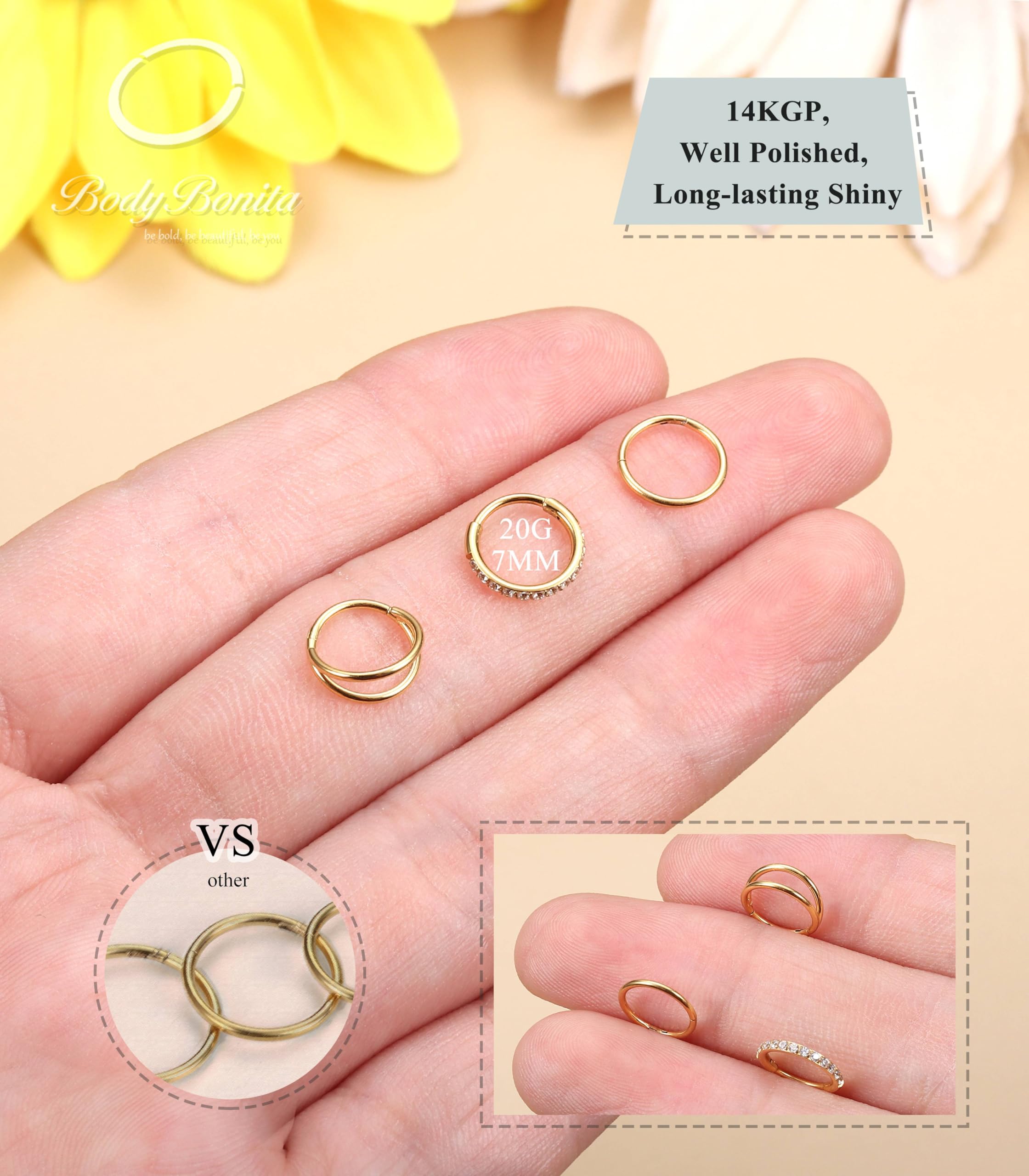 BodyBonita 3 Pezzi Piercing Naso Cerchio - Acciaio Chirurgico 316L 16G/18G/20G CZ Nostril Piercing Septum Daith Trago Helix Orecchino Cartilagine Elice Setto Rook Conch Piercing Naso Anello 7/8/9/10mm