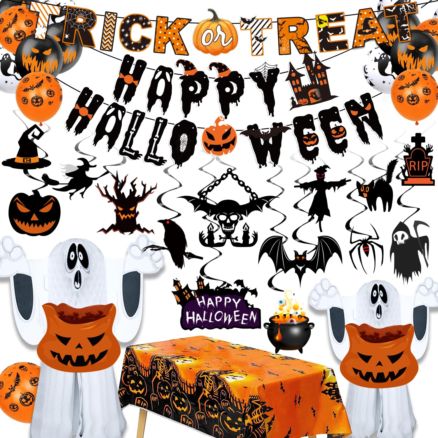 iZoeL Spooky Halloween Decorations Scary Halloween Balloons Floating Ghost Bat Table Cloth Banner Hanging Wall Party Decorations - Indoor Outdoor Decor