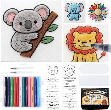 Woplagyreat 72Pcs Magic Foam Texture Painting Kit, 44 Foam Texture Sheets, 24 Colorful Brush & 2 Water Brushes, Water Expand Puffy 3D Art Set for Kids Ages 3-12 DIY Craft Supplies