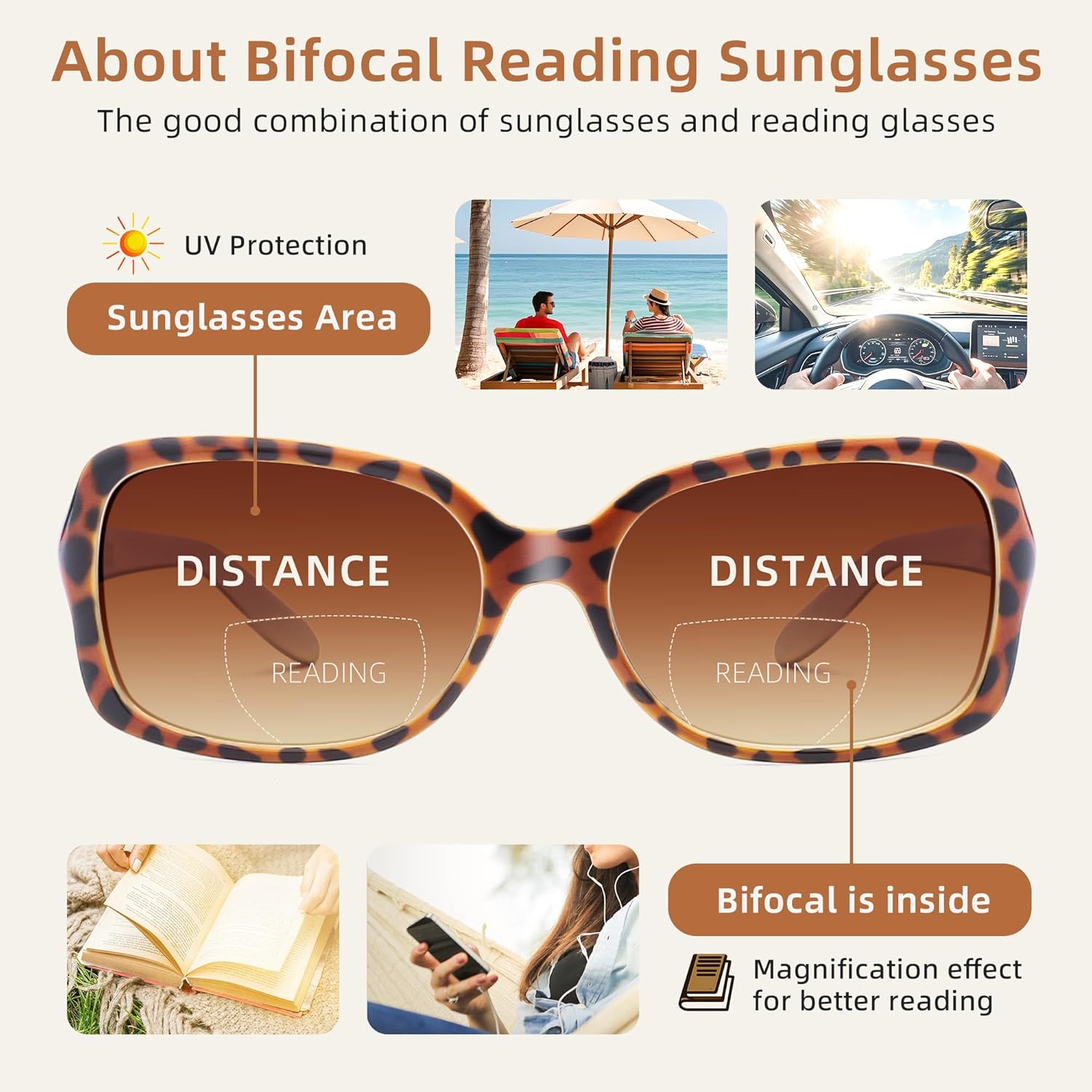 JM 2 Pack Classic Bifocal Reading Glasses Square Stylish Gradient Sunglasses Readers for Women +1.75 - Image 3