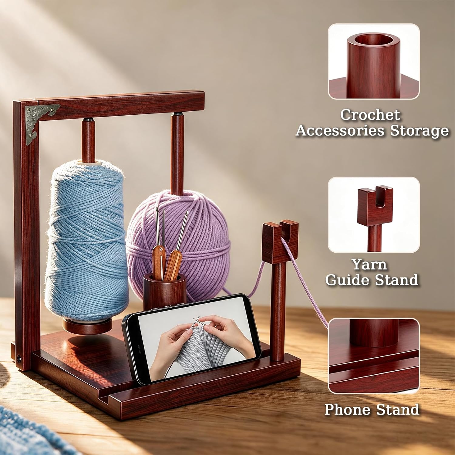 Wooden Yarn Holder for Crocheting, Double Magnetic Spindles Yarn Spinner