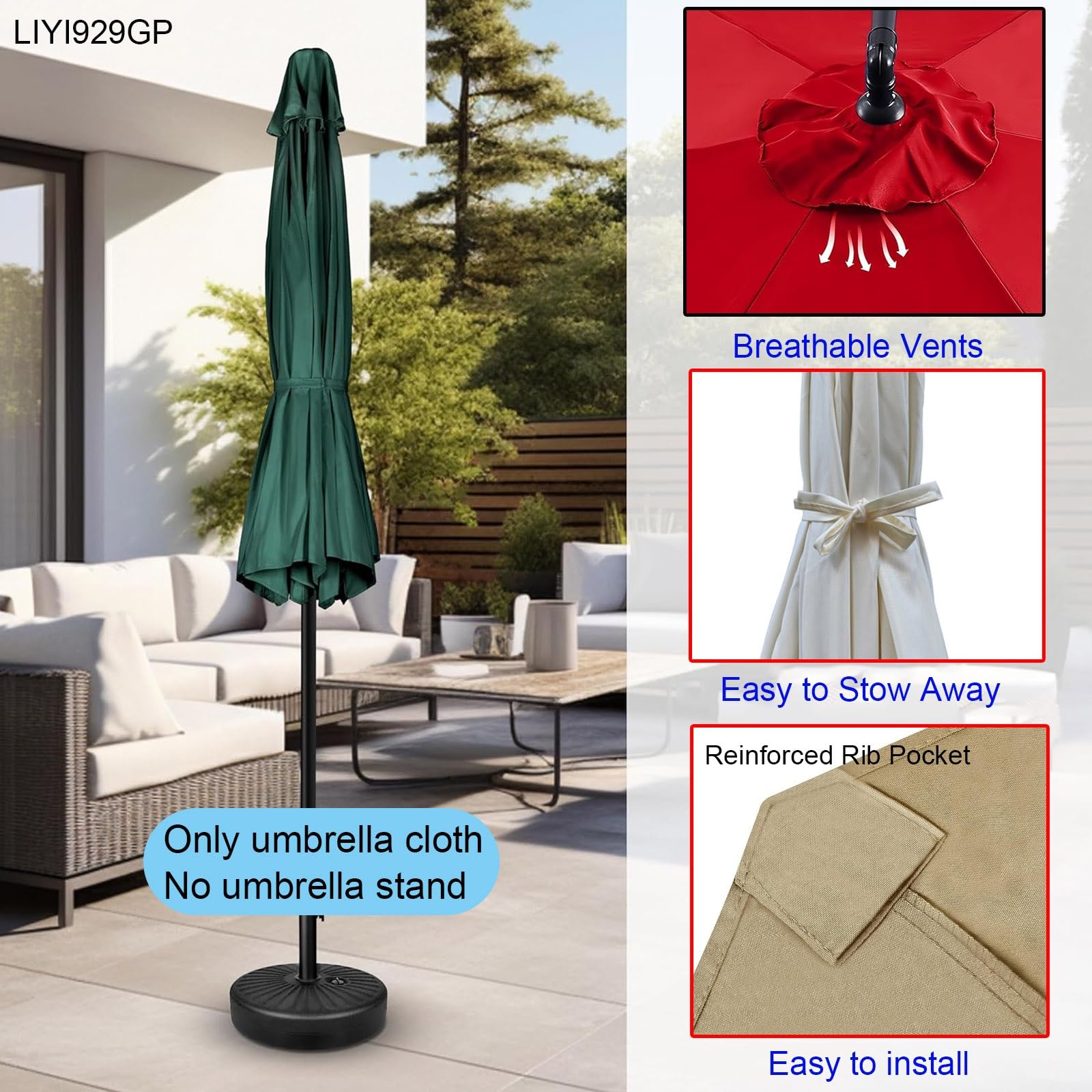 Rechange Telo Per Ombrellone 2/2.3/2.7/2.8/3.0/3.5/4M, Tela Di Ricambio Per Parassole 6 Arms/8 Arms, Impermeabile Durevole Resistente Alle Intemperie, UV30+ Copertura Esterno(Blue,3m/6Ribs)