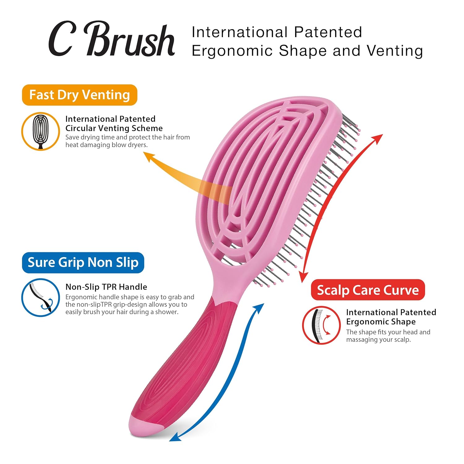 NuWay C Brush Scalp Care Detangling Hair Brush – Gentle Scalp Massage & Easy Detangling for Wet or Dry Hair, Everyday Hairbrush for Healthy Looking Hair (Petal Pink)