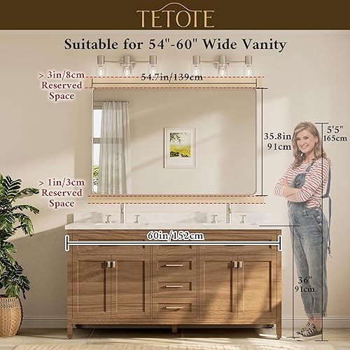 Miniatura 153 de TETOTE Espejo con marco dorado cepillado de 48 x 24 pulgadas, espejo de tocador de baño de latón para pared, moderno espejo rectangular de esquina