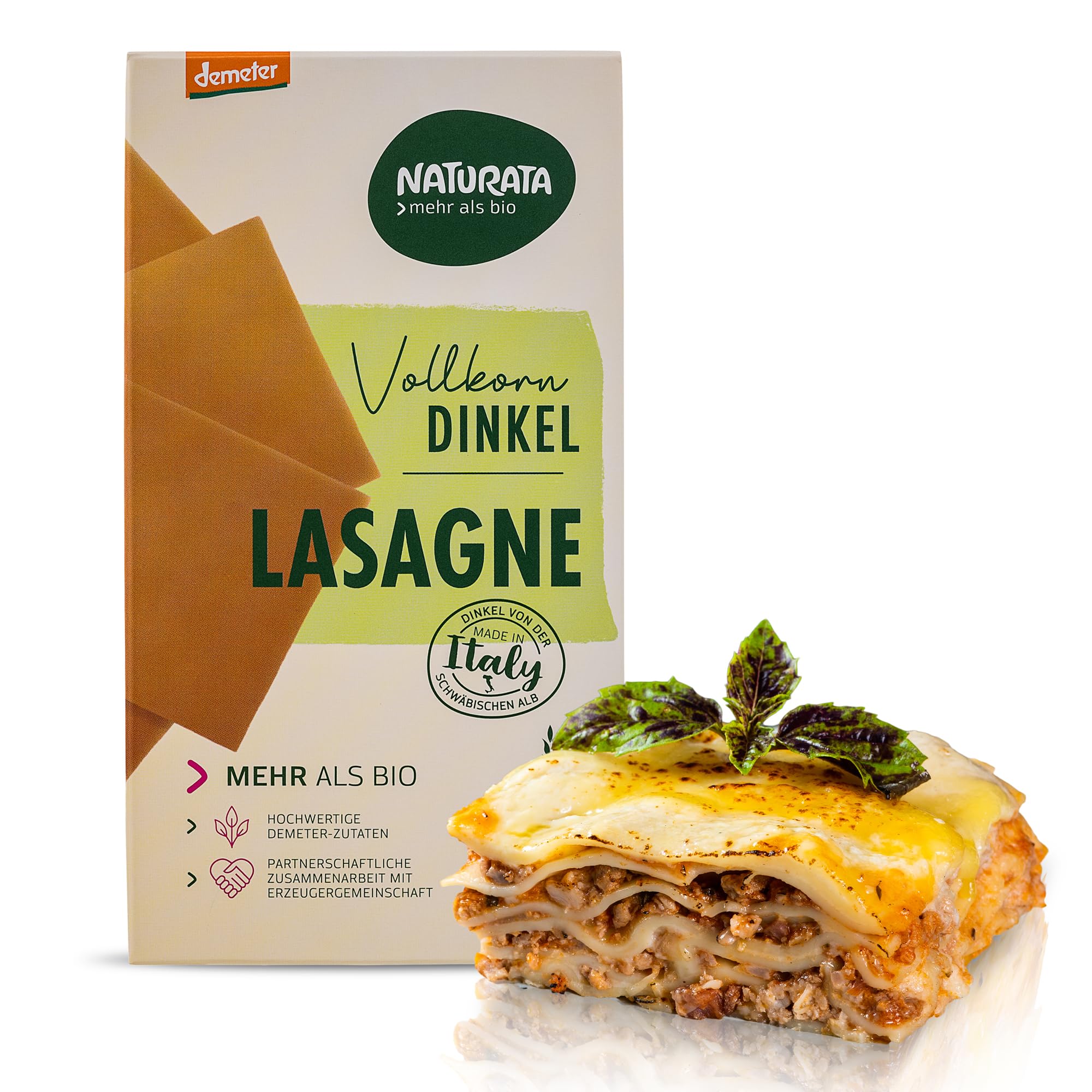 Naturata Bio Dinkel-Vollkorn Lasagne-Platten, 250 g | Demeter Dinkel von der Schwäbischen Alb | Fein-nussiger Geschmack für Lasagne & Aufläufe