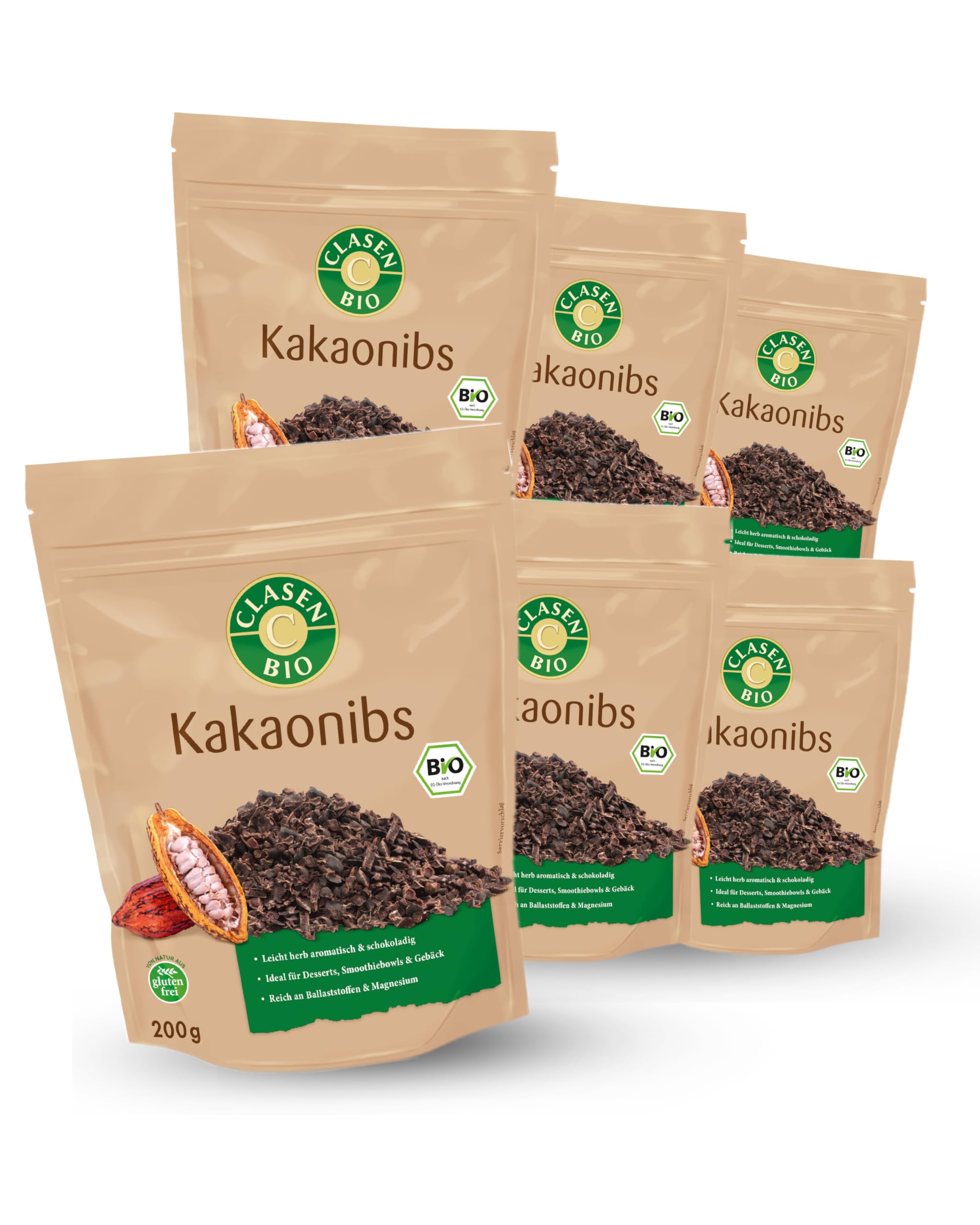 CLASEN BIO – Kakao Nibs 6x200g Bundle – Klein geschrotete Kakaobohnen herb-aromatisch & schokoladig – Kakaonibs ideal für Desserts, Smoothiebowls & Gebäck – Reich an Ballaststoffen & Magnesium