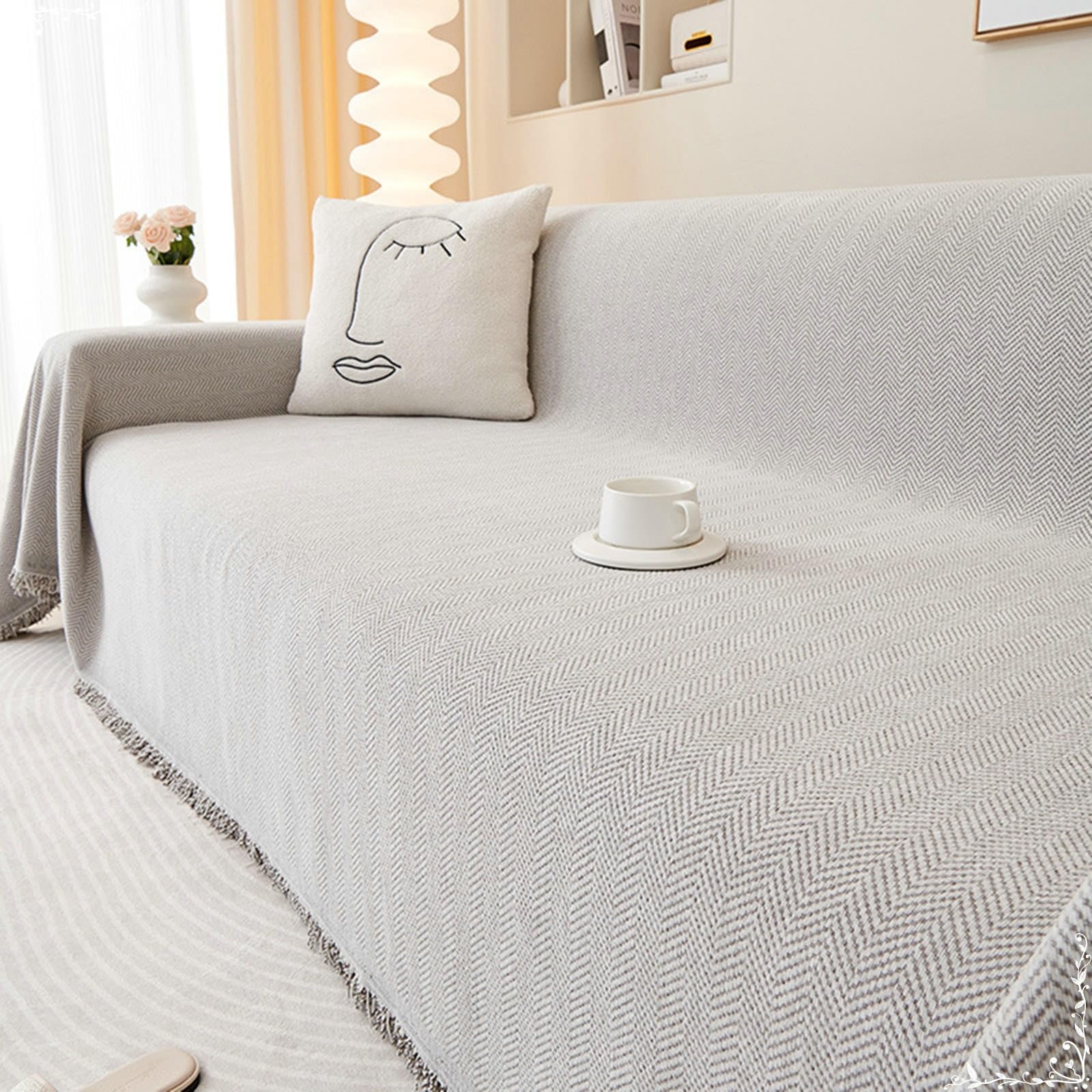 AMDXD Couverture de canapé antidérapante en chenille - Motif uni avec pompon - 5 places - 180 x 260 cm - Gris clair