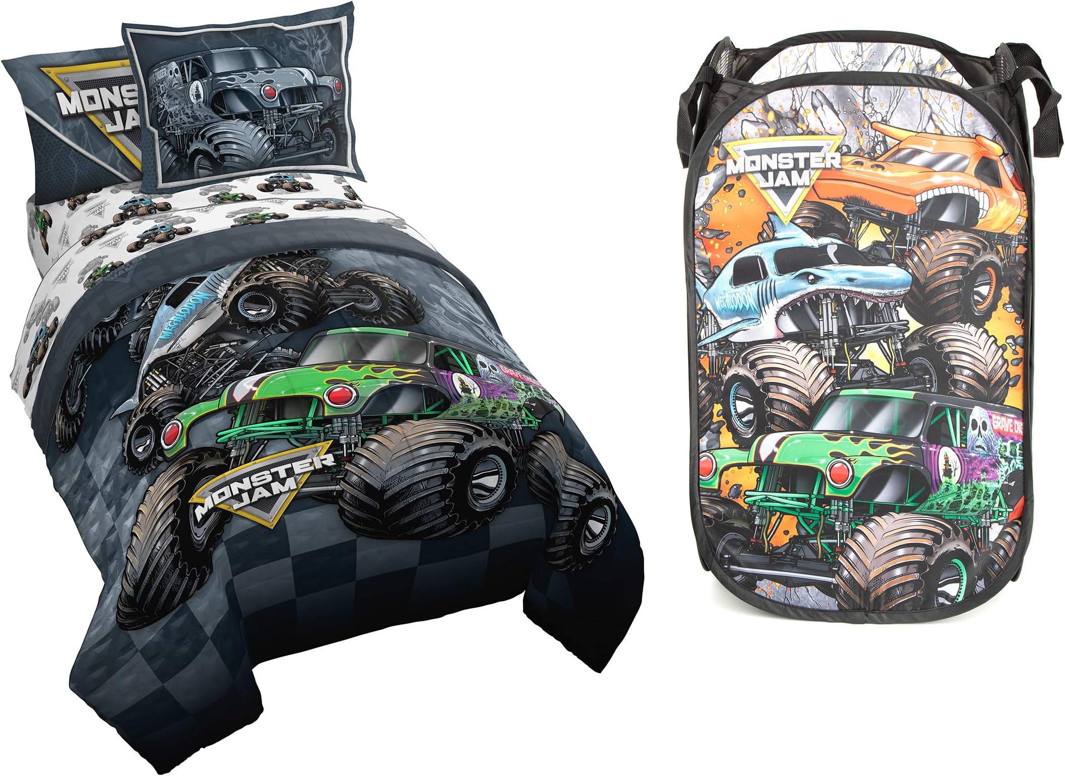 Jay Franco Monster Jam Slah Twin Bed Set and Break Out Pop Up Hamper Bundle Home