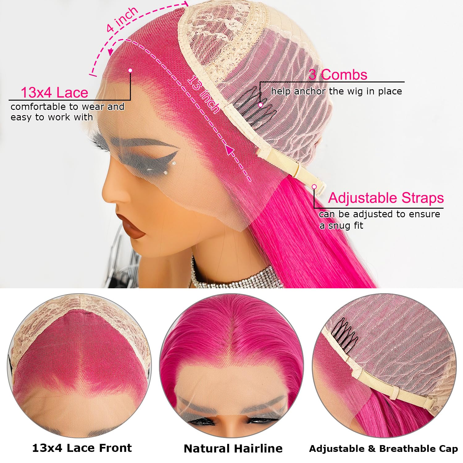 Hot Pink Lace Front Wig Long Glueless Lace Wigs for Women 24 Inch Straight Hair 13x4 Rose Red Colored Synthetic Lace Front Wigs Pre Plucked