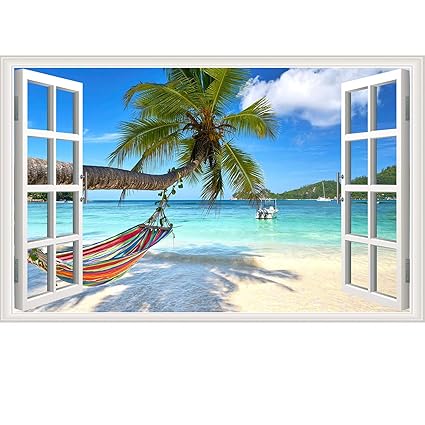 Beach Seascape Window Wall Sticker Palm Tree and Hammock Fake Window Wall Decals Removable Tropical Sea Window View Wall Stickers Decal for Living Room