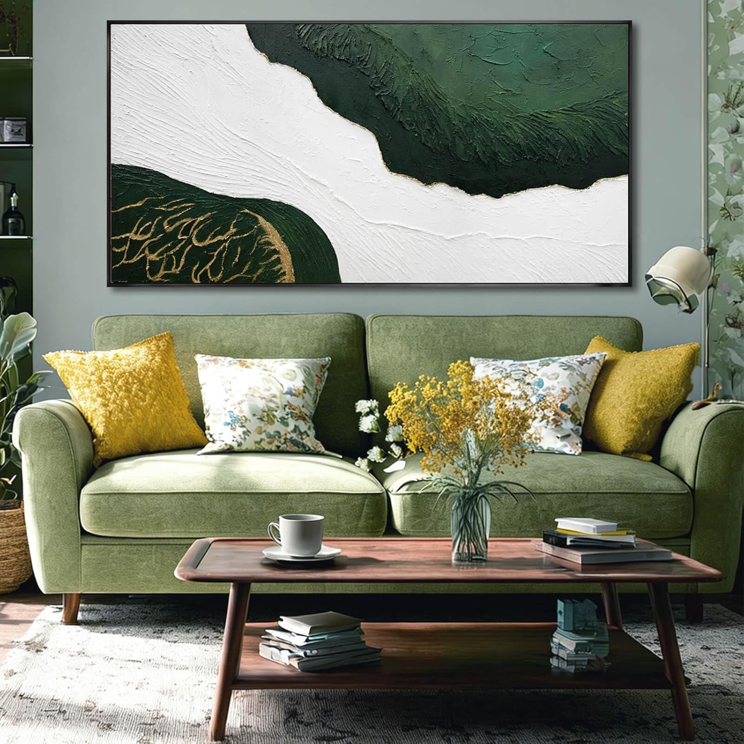SOUGUAN Green Abstract Wall Art White Textured Minimalist Wall Decor Sage Green Gold Large Artwork Pictures Modern Canvas Prints for Living Room Hallway Fireplace Bedroom Home Office 24"x48"