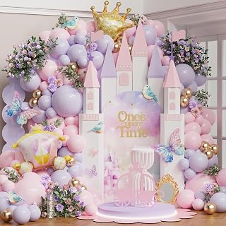 Princess Balloon Garland Arch Kit 150Pcs Princess Birthday Decorations | Pastel Macaron Pink and Purple Balloon, Carriage, Crown Foil Balloons for Girls Princess Baby Shower Party Supplies