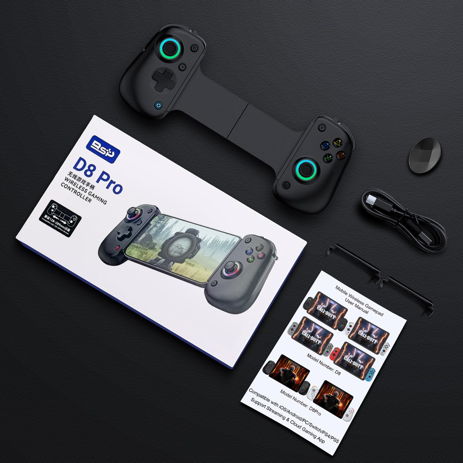 Joso Contrôleur de téléphone D8Pro pour iOS/Android/PC/Tablette/Switch/PS avec M1/M2 programmable/Turbo/6-Axis Gyro/Vibration Jouer à Call of Duty, Roblox, Cloud Gaming, Jouer à Distance