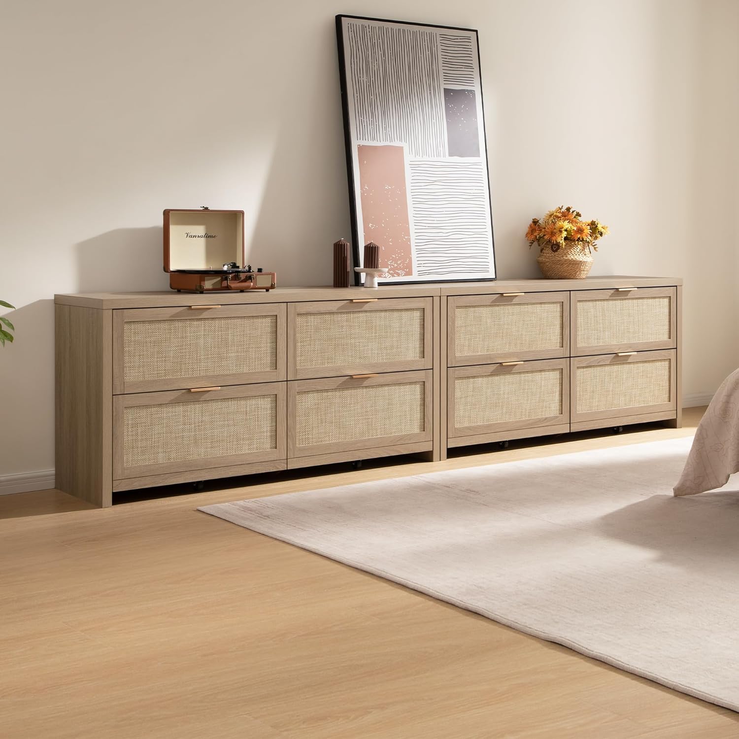 SICOTAS 60.8" Dresser for Bedroom, Rattan Boho Dresser with 4 Deep Drawers, Large Chest of Drawers for Closet,Nursery,Dressers TV Stand for Bedroom (Reclaimed Caramel Oak, 4 Drawers (1 pc))