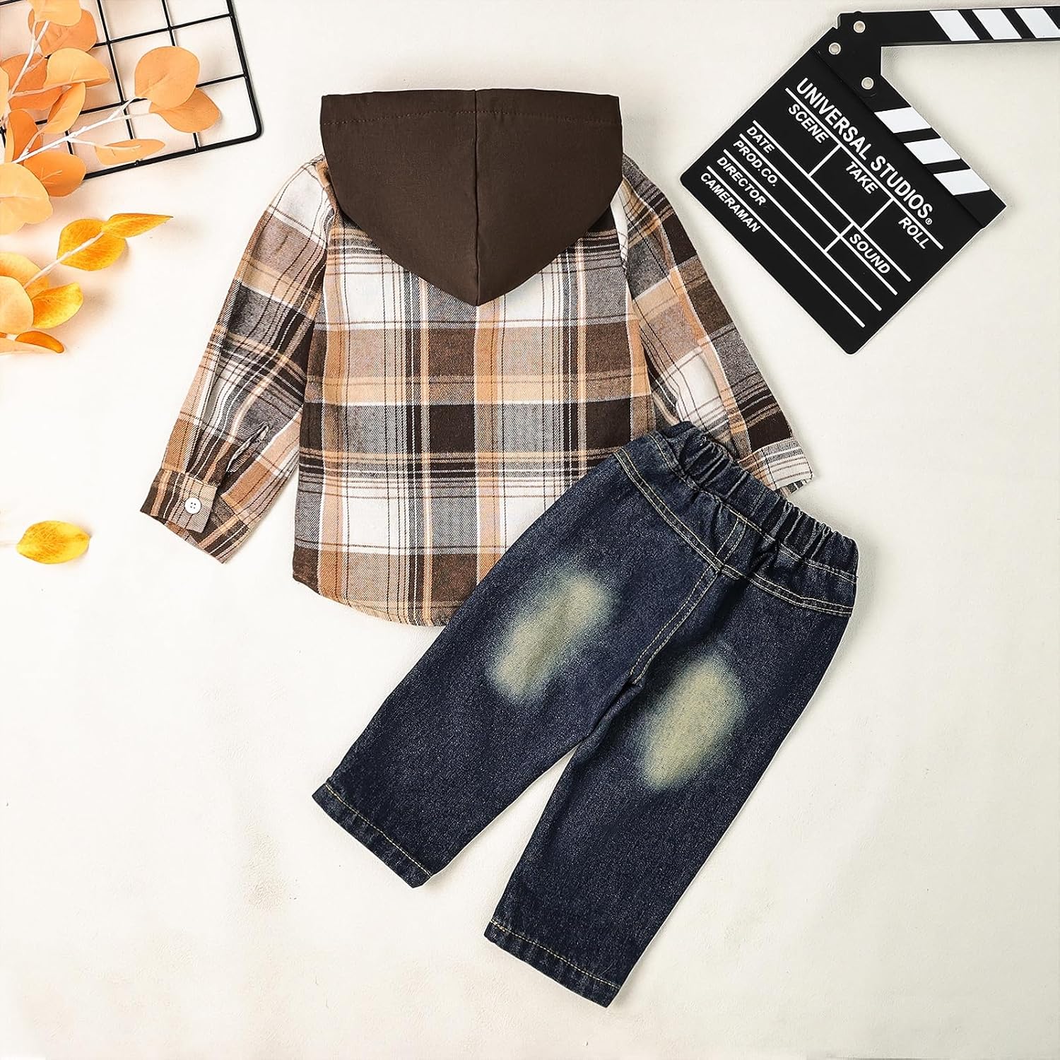 Toddler Baby Boy Fall Winter Clothes Long Sleeve Plaid Hooded Sweatshirt Ripped Holes Jeans Set 1-5 Years Old - Image 3