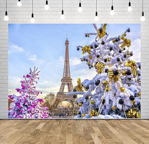 Miniatura 2 de CORFOTO Telón de fondo de Navidad en París de 7 x 5 pies, torre Eiffel, árboles de Navidad, decorado, fotografía, fondo de fotografía, paisaje de