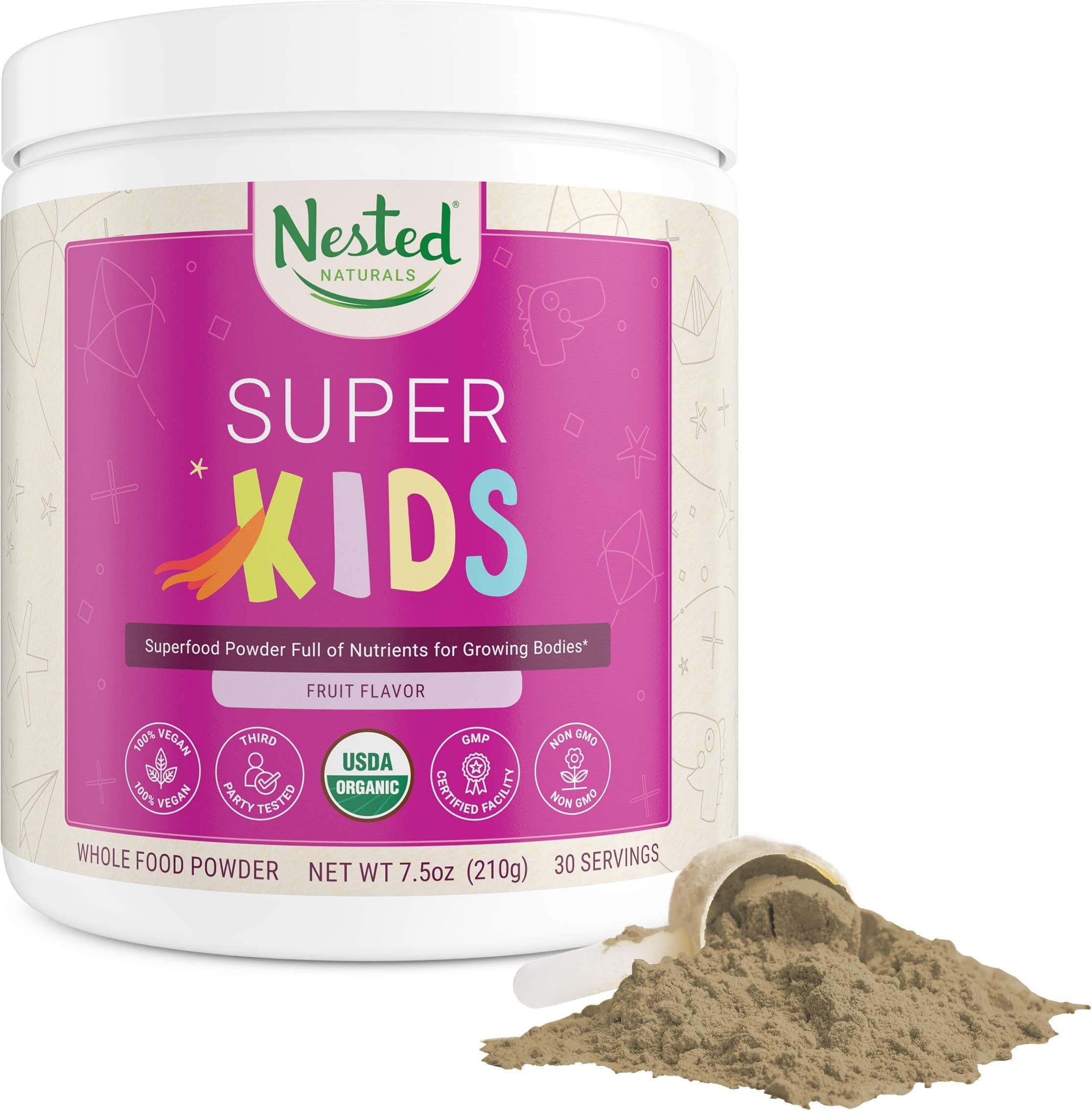 Nested Naturals Super Kids | 100% USDA Organic Vegan Superfood Powder for Kids | 30 Servings of Greens, Veggies, Fruits, Seeds | Natural Fruit Flavor 0g Sugar | Non-GMO Plant-Based Nutrition