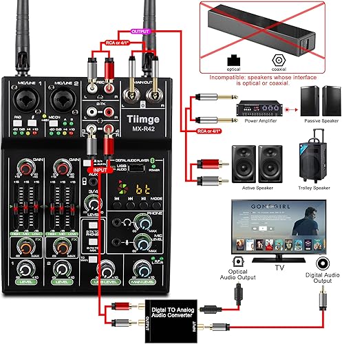 Miniatura 4 de Mezclador de audio profesional con micrófono inalámbrico dual, interfaz de sistema de consola de placa de sonido, 4 canales, mezclador de DJ USB,