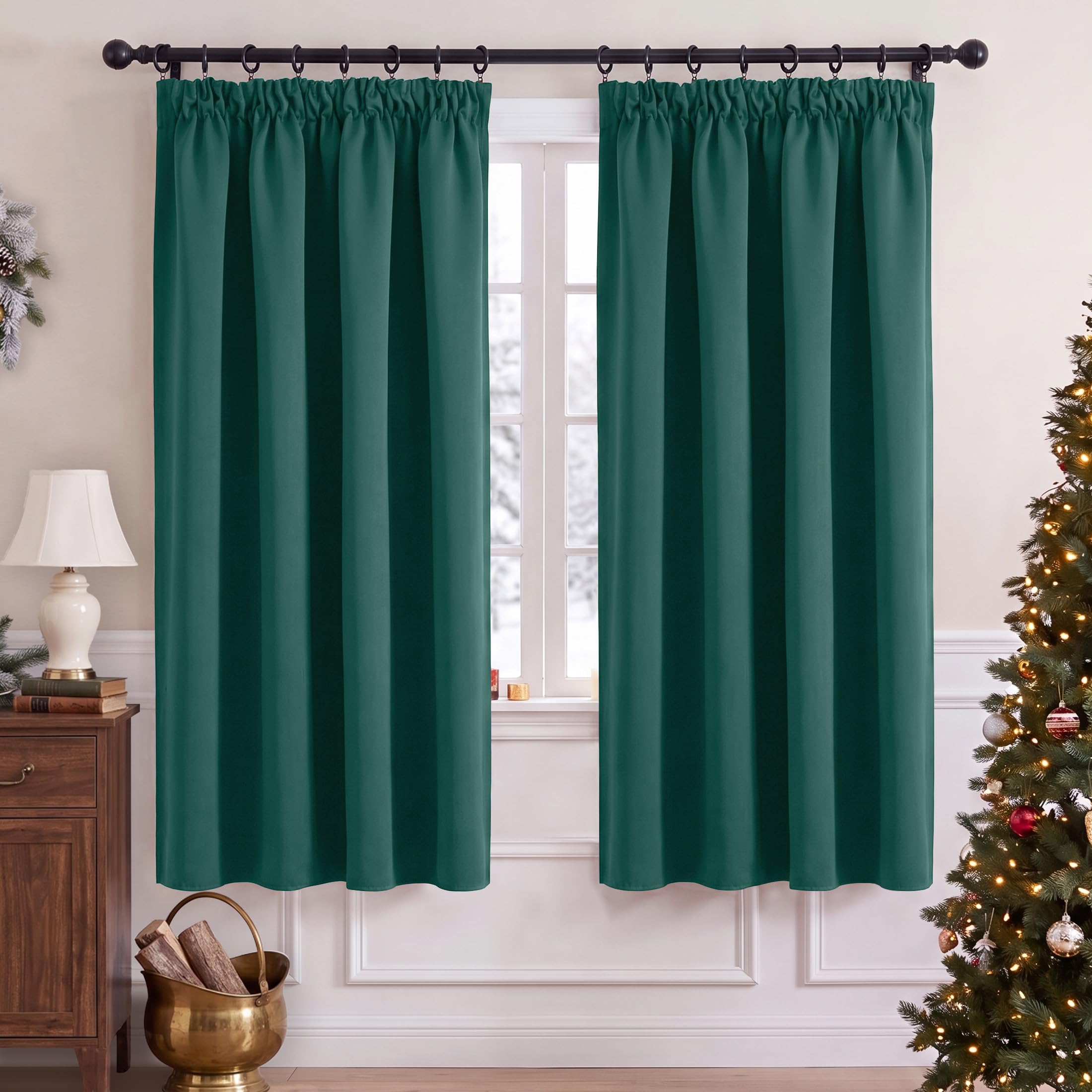 PONY DANCE Blackout Pencil Pleat Curtains, Dark Green, W52 x L72", 2 Panels