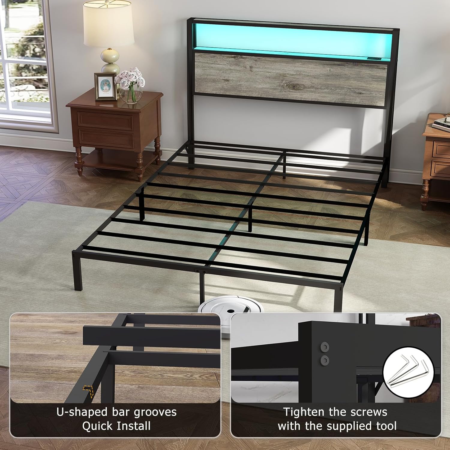Queen Size Bed Frame with Headboard, Metal Platform Bed Frame with LED Lights & Charging Station, Under Bed Storage, Solid and Stable, No Box Spring Needed, Noise Free, Easy Assembly, Rustic Grey