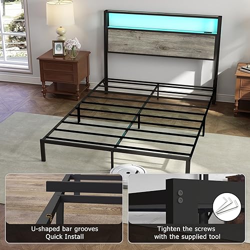 Miniatura 8 de Base de cama tamaño queen con cabecera, marco de plataforma de metal con luces LED y estación de carga, almacenamiento debajo de la cama, sólida