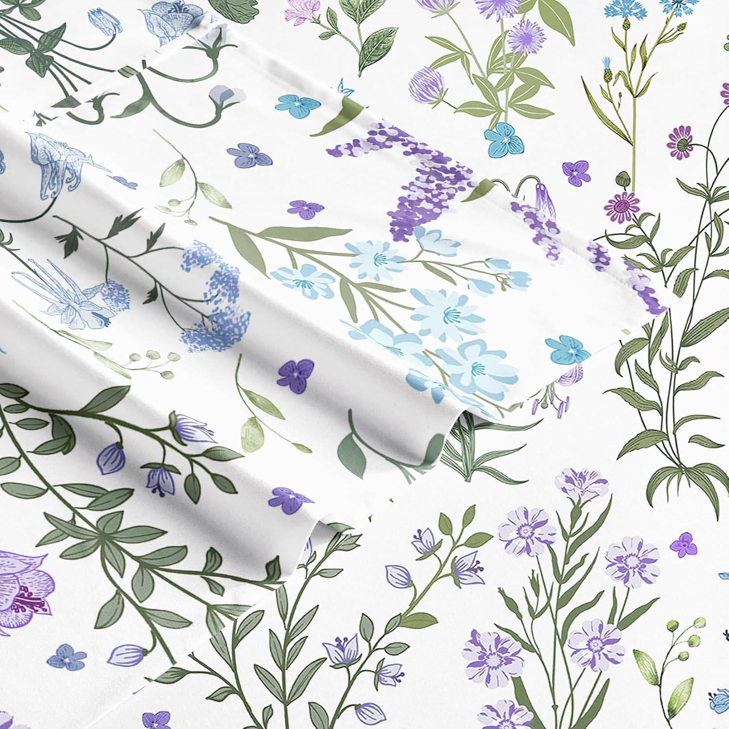 Wake In Cloud - Floral Bed Sheets, 4-Piece Sheet Set, Botanical Flower Shabby Chic Pattern Printed Cottagecore Vintage Aesthetic Bedding, Deep Pocket, Purple White, Queen Size