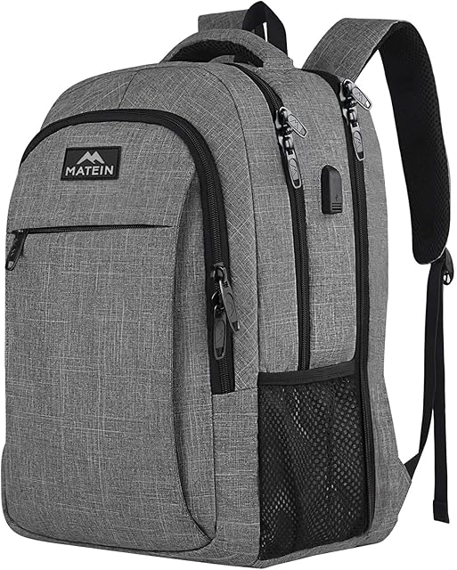 MATEIN Laptop Backpack 17.3 Inch Large Anti-Theft Backpack with USB Charging Port Work College Backpack Daypack for Men Women Water Resistant Laptop Rucksack for School Travel Business Office - Grey