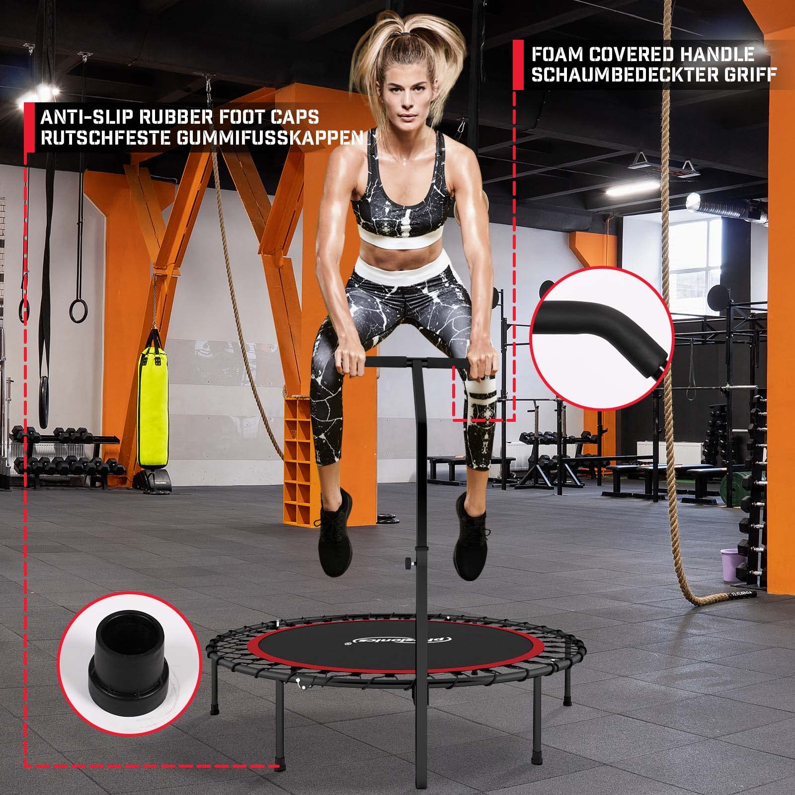 Physionics® Mini trampolino per fitness, pieghevole, manico regolabile in altezza, diametro 101 cm, fino a 120 kg, uso interno/esterno, colore a scelta, trampolino da palestra, aerobica per adulti e