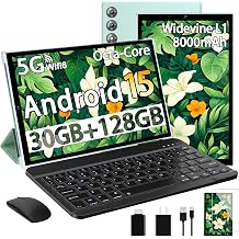 2026 Android 15 Tablet 10.1 Inch Tablets, 30GB RAM 128GB ROM 1TB Expand, 8000mAh Battery, BT5.0, 2.4/5G Wi-Fi 6, Metal Body with Keyboard & Mouse, Gemini AI, Widevine L1 HD IPS Display - Green