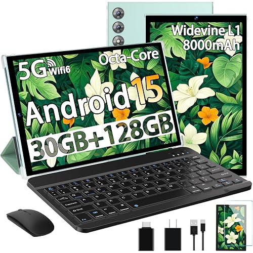 2026 Android 15 Tablet 10.1 Inch Tablets, 30GB RAM 128GB ROM 1TB Expand, 8000mAh Battery, BT5.0, 2.4/5G Wi-Fi 6, Metal Body with Keyboard & Mouse, Gemini AI, Widevine L1 HD IPS Display - Green