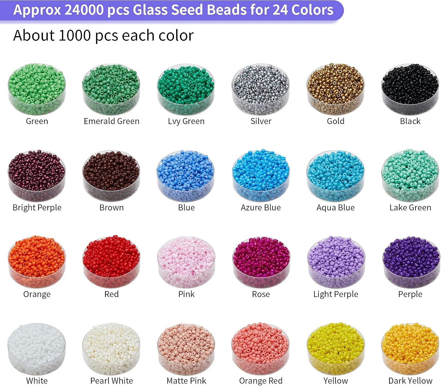 Moloni 2mm Glass Seed Beads for Bracelets, 28800pcs Small Beads for Craft Jewelry Making Kits 12/0 for Kids and Adults (24 Color)