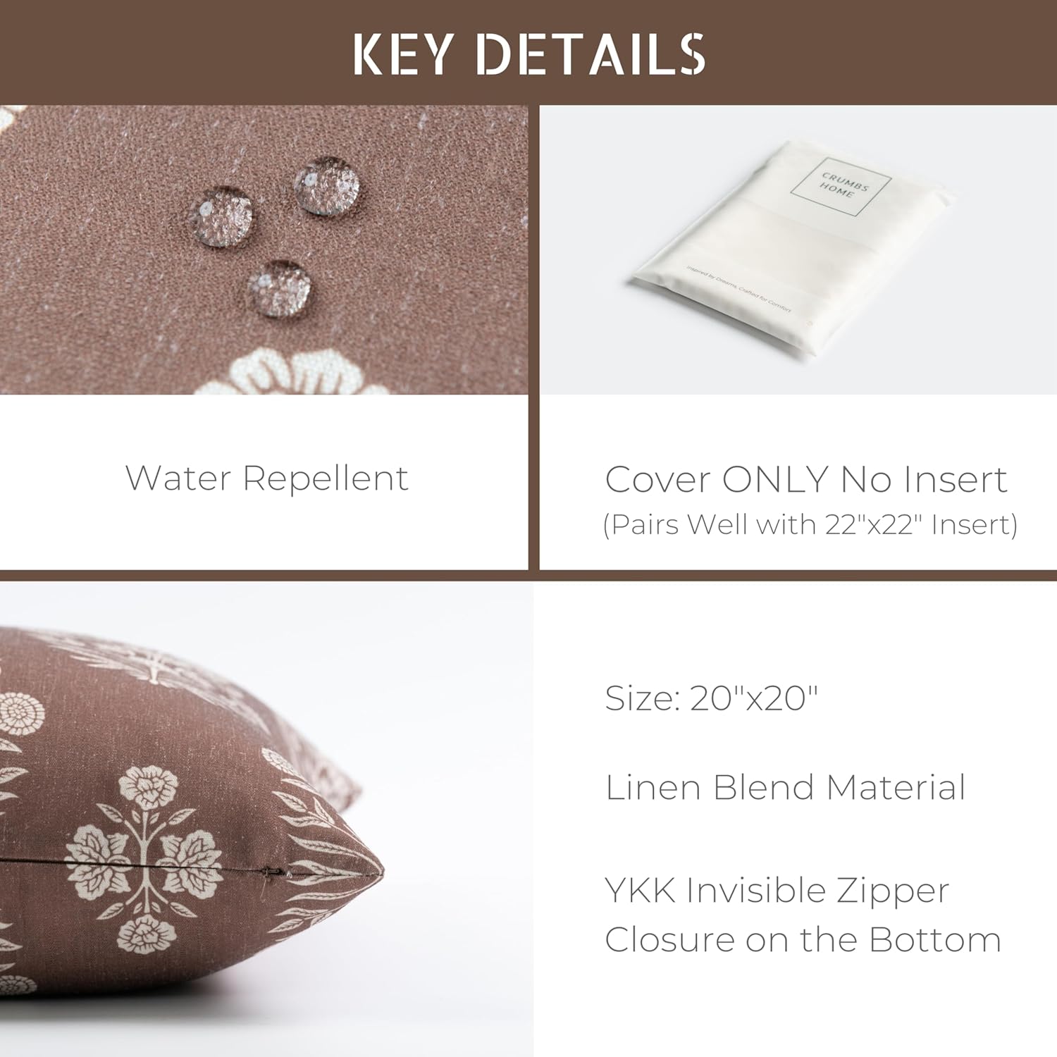 Crumbs Home Modern Farmhouse Fall Linen Indoor Outdoor Throw Pillow Cover Only, 20"x20" Water Repellent for Patio, Backyard, Couch, Cocoa Brown Ivory Cream Floral