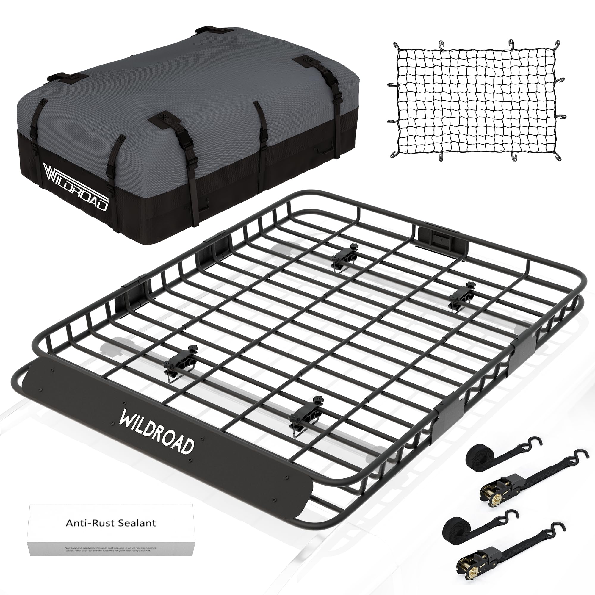 Wildroad Roof Rack Cargo Basket, Upgraded 4 Fence Wide Car Roof Basket Combo, 64"x 50"x 4" Universal Roof Cargo Carrier Basket with Cargo Bag, Cargo Net and Ratchet Straps Fits for SUV Truck Cars