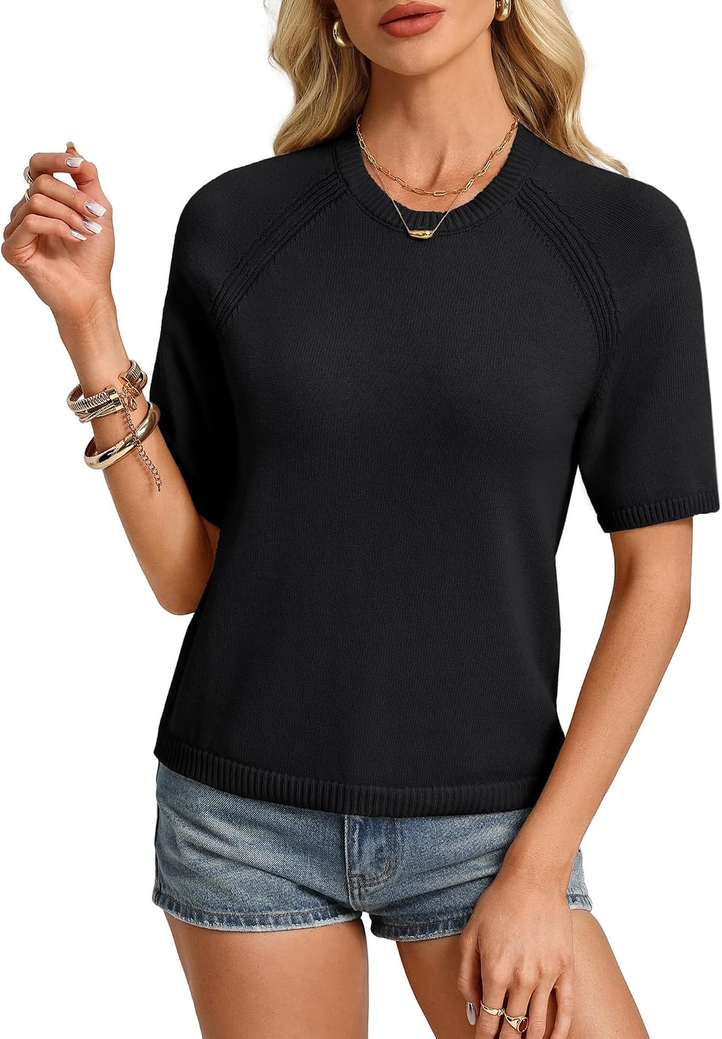 (-58%) GRACE KARIN Damen Frühling Sommer Leichter Rundhalsausschnitt Pullover Casual Einfarbig Kurzarm Tops Schwarz L