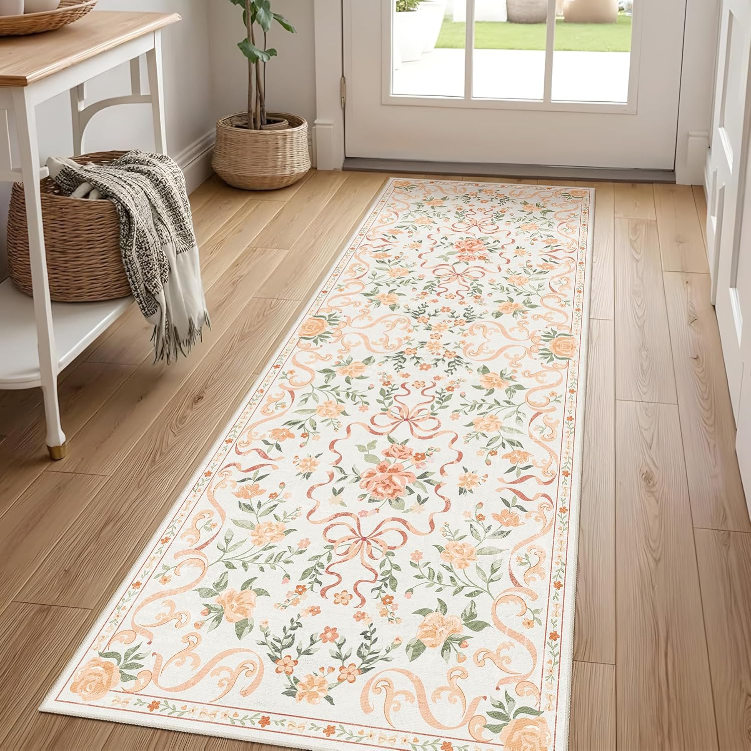 Washable Non-Slip Runner Rugs 2X6, Orange Rug Boho Farmhouse Bow Floral Area Rug for Hallway Kitchen Bedroom Beside Laundry Room Bathroom Rug, Low Pile Stain Resistant Soft Floor Carpet