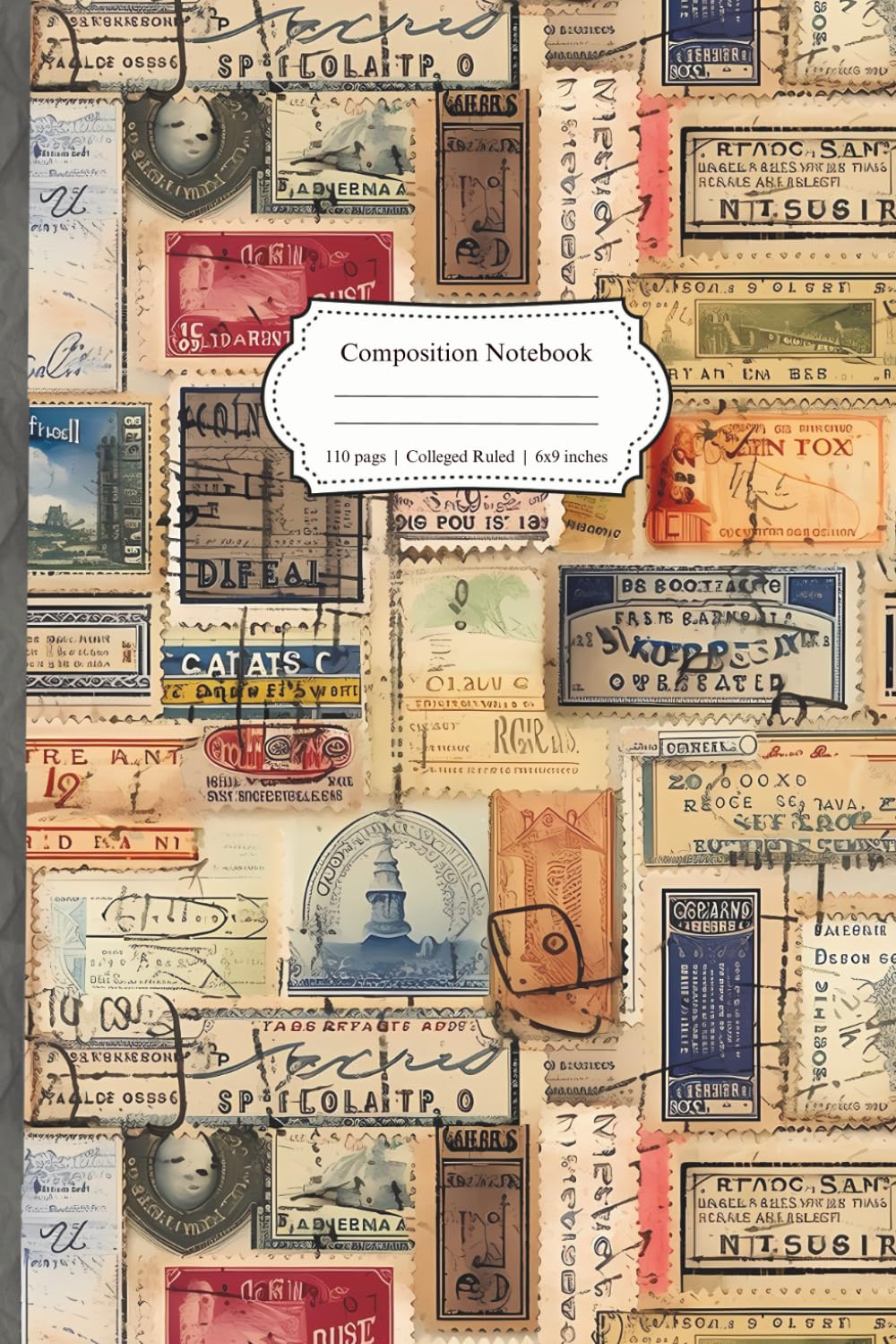 Composition Notebook: Retro Vintage Stamps Travel Notebook with Illustrated pages – Perfect Journal Gift for Students, Writers, and Adventure Lovers