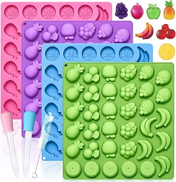 LUSHYUM Gummy Fruit Molds 5ML, BPA Free Food Grade Silicone Molds, 4PCS Chocolate Candy Mold with 2 Droppers & Brush Include Strawberry Cherries Grape Banana Apple Pineapple Orange Shape 140 Cavities