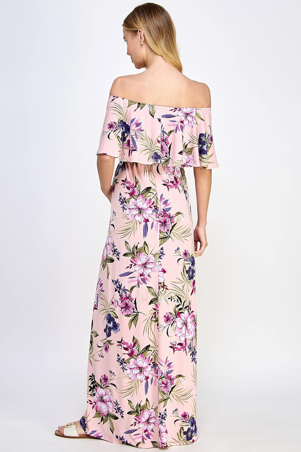 Maternity Dress Off Shoulder Maxi Pregnant Women Baby Shower Photoshoot, Pink/Lavender Flower, X-Large