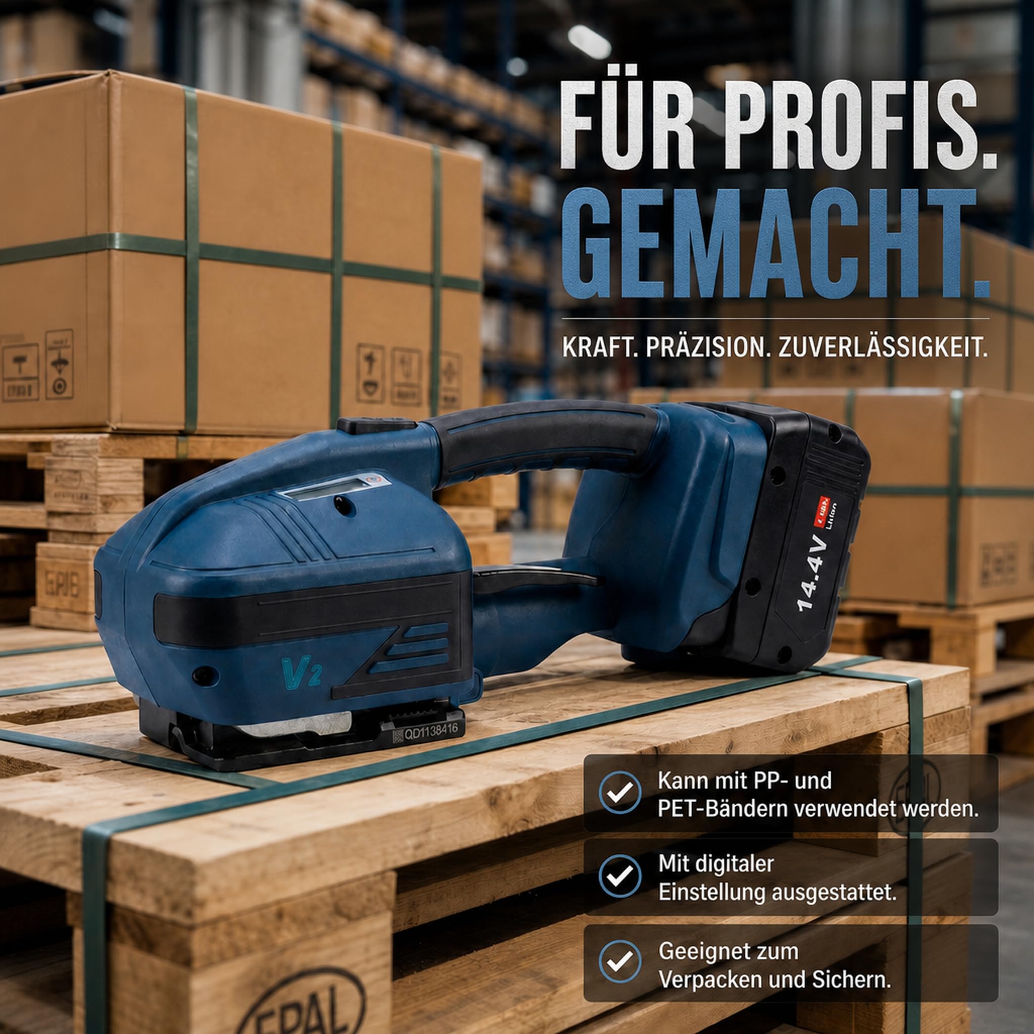 V2 Akku Umreifungsgerät für PP & PET Band 13–16 mm – Elektrisches Hand Umreifungsgerät mit 2x 4000 mAh Akku, 3200 N Spannkraft, Halbautomatische Verpackungsmaschine