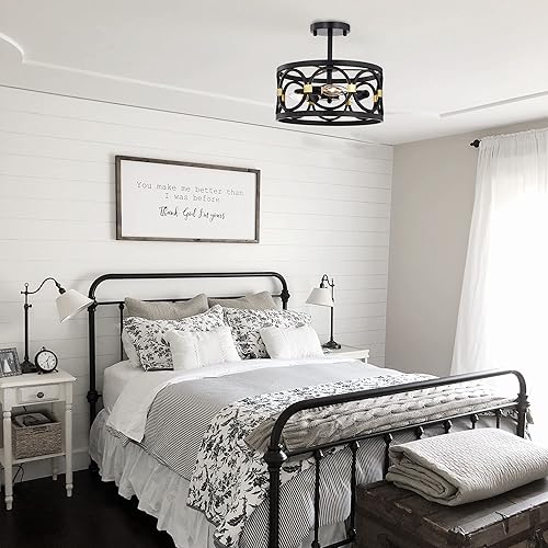 Miniatura 5 de Mr. Color - Lámpara de araña de 3 luces semiempotrada para casa de campo, color negro y dorado