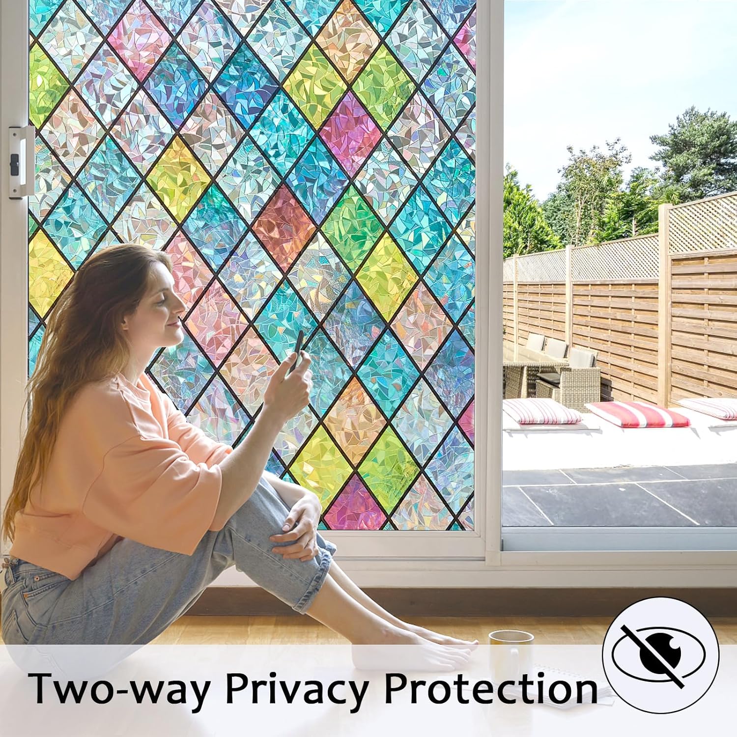 Window Privacy Film, Static Cling Stained Glass Window Film Decorative, Non-Adhesive 3D Rainbow Frosting Film Anti-UV for Bathroom Home Door(Rainbow，23.6" x 157.5")